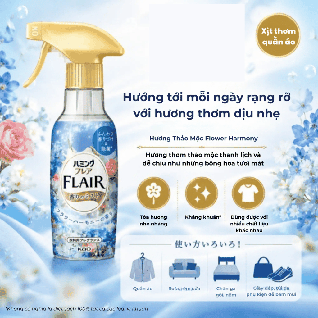 Xịt Thơm Quần Áo FLAIR KAO Khử Mùi, Làm Phẳng Nếp Nhăn, Lưu Hương Nhật Bản Chai 270ml
