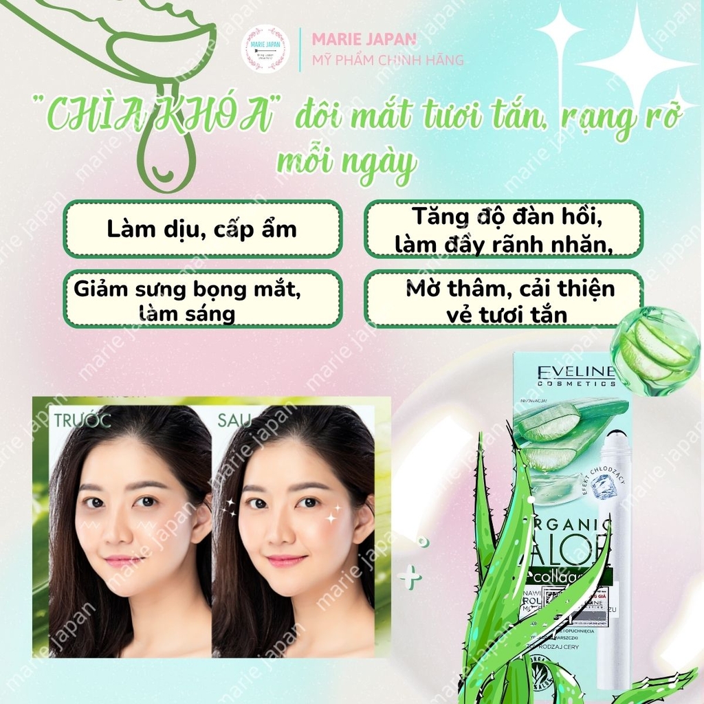 Lăn Mắt Eveline Organic Aloe + Collagen Cấp Ẩm Nâng Cơ Giảm Thâm Bọng Hiệu Quả Ba Lan 15ml
