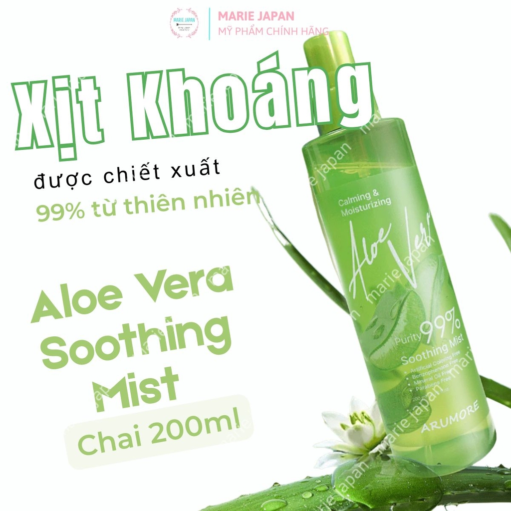 Xịt Khoáng Arumore Aloe Vera 99% Cấp Ẩm Làm Dịu Cân Bằng Da Soothing Mist Hàn Quốc Chai 200ml