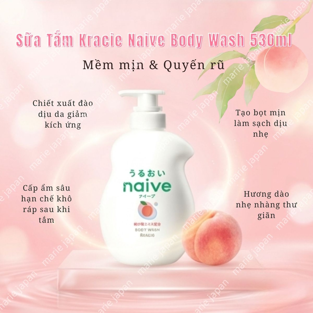 Sữa Tắm Kracie Naive Body Wash  Sạch Dịu Nhẹ Dưỡng Ẩm Mịn Màng  Nhật Bản 530ml