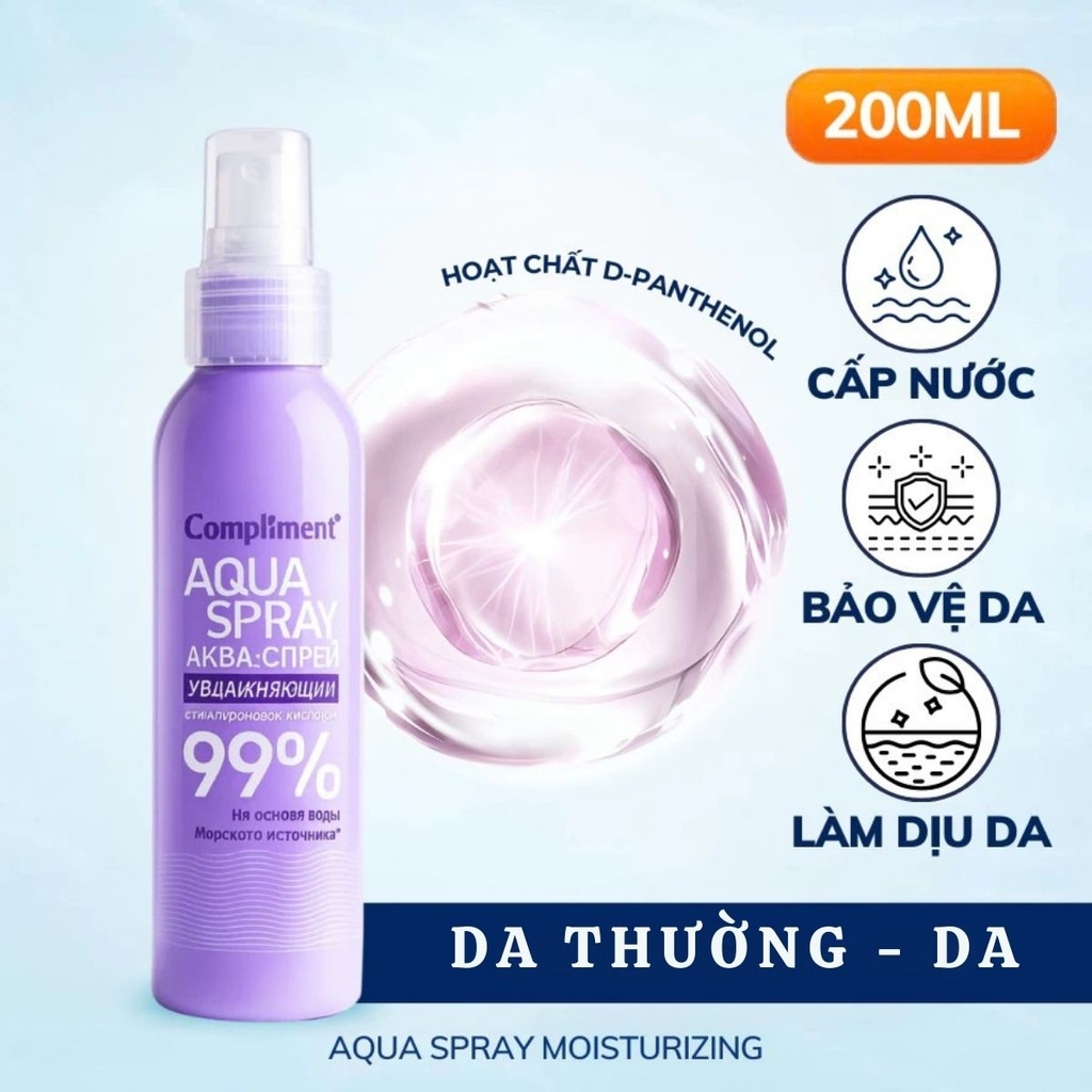Xịt khoáng Compliment Aqua Spray 99% Cấp Ẩm Làm Mát Dịu Da 200ml