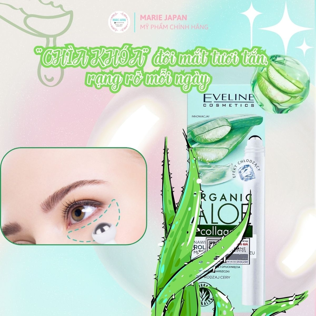 Lăn Mắt Eveline Organic Aloe + Collagen Cấp Ẩm Nâng Cơ Giảm Thâm Bọng Hiệu Quả Ba Lan 15ml