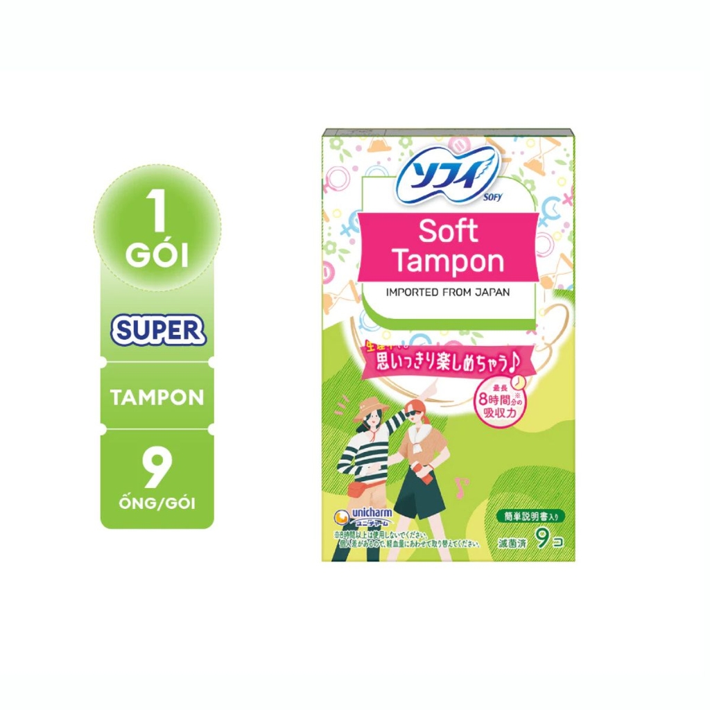 Băng Vệ Sinh Unicharm Sofy Soft Tampon Siêu Thấm Khô Thoáng Nhật Bản Hộp 9 Ống