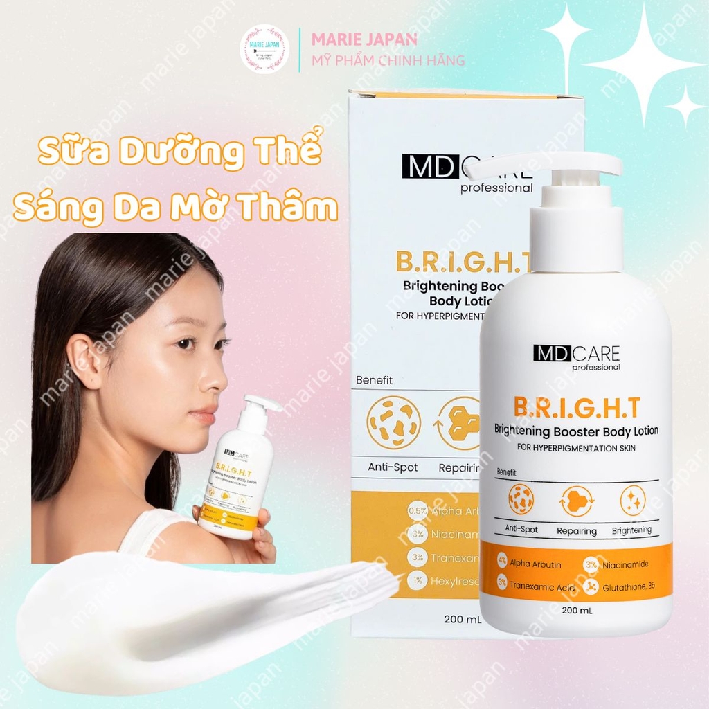 Dưỡng Thể MD CARE Brightening Acne Body Lotion Dưỡng Sáng Da Mờ Thâm Giảm Mụn Cơ Thể Chai 200ml