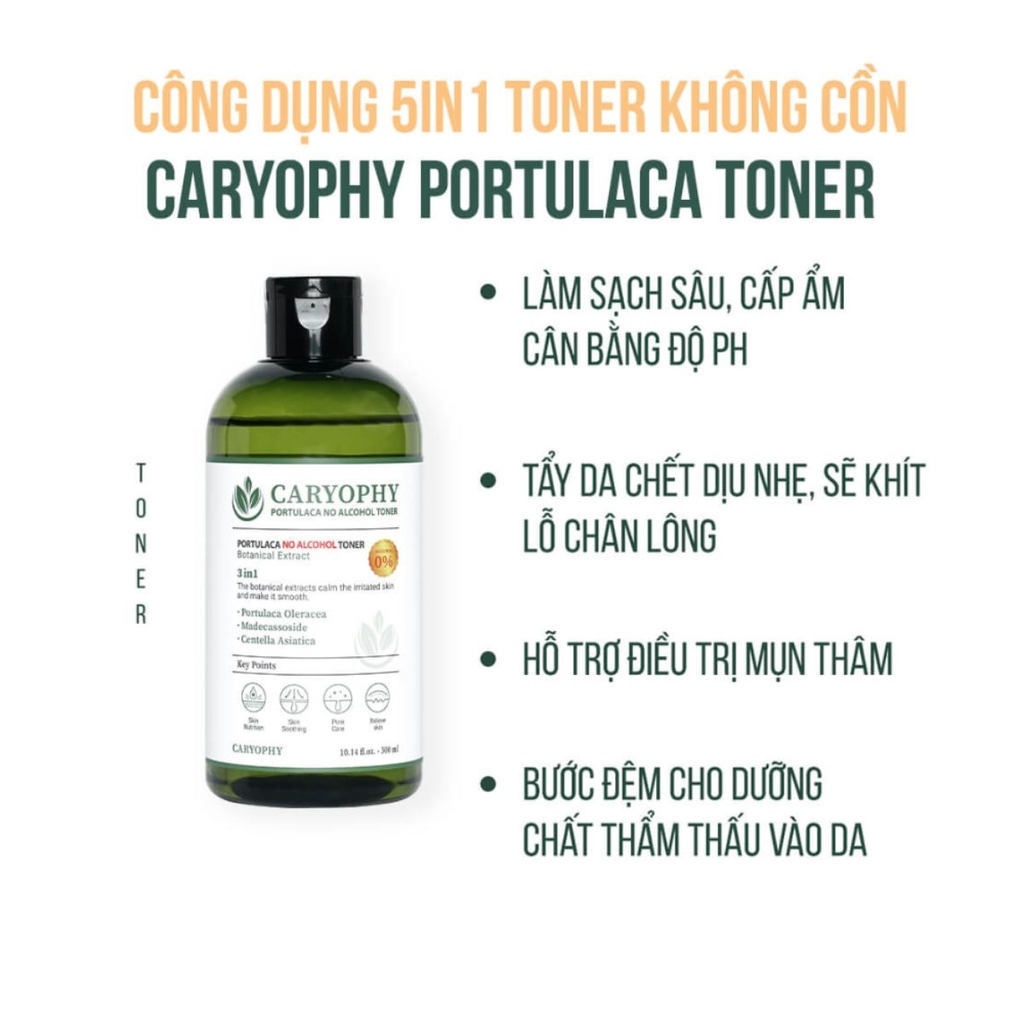 Toner Caryophy 3in1 Portulaca Cấp Ẩm Giảm Mụn Không Cồn Dịu Nhẹ Hàn Quốc 300ml