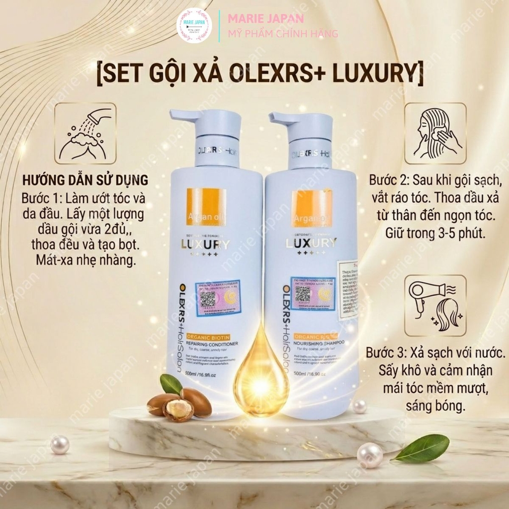 Set Gội Xả Olexrs Luxury  Phục Hồi Giảm Rụng Bóng Mượt Argan Oil & Pearl Essence Anh 500ml