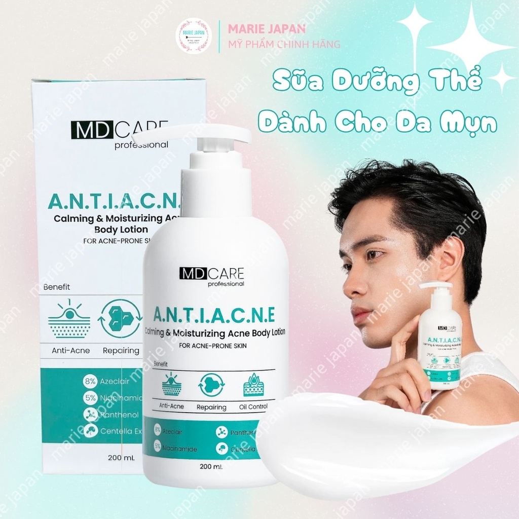 Dưỡng Thể MD CARE Brightening Acne Body Lotion Dưỡng Sáng Da Mờ Thâm Giảm Mụn Cơ Thể Chai 200ml