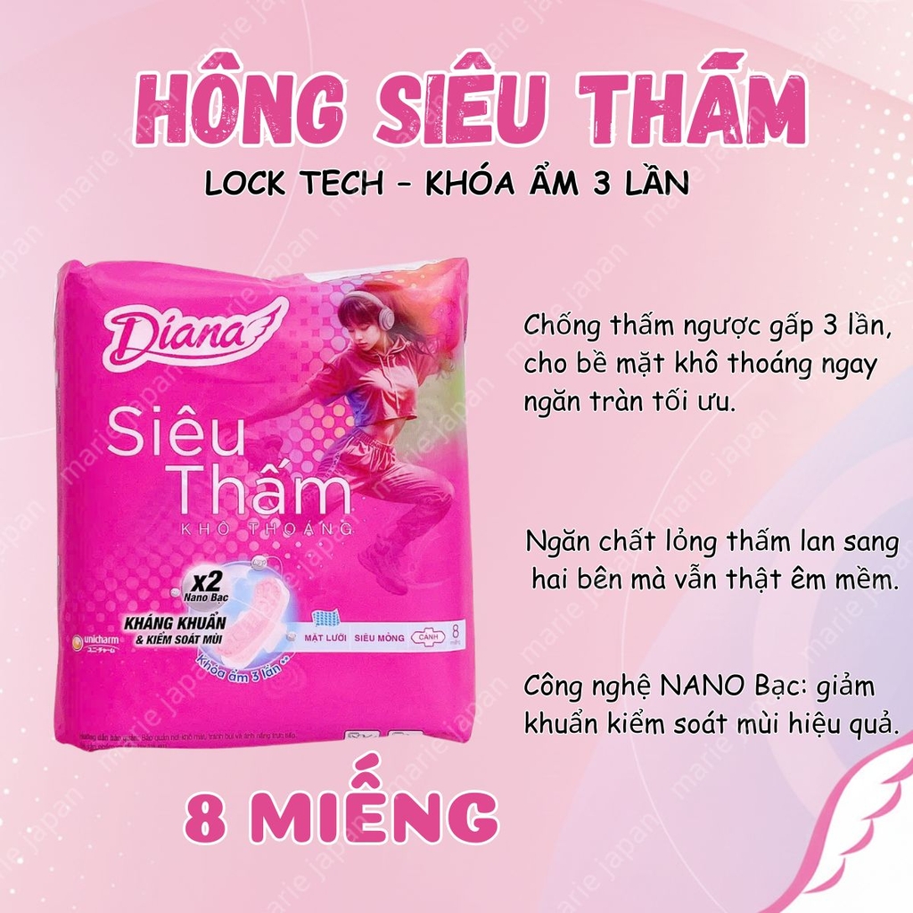 Băng Vệ Sinh Unicharm Diana Siêu Mỏng Có Cánh Siêu Thấm Khô Thoáng Thoải Mái