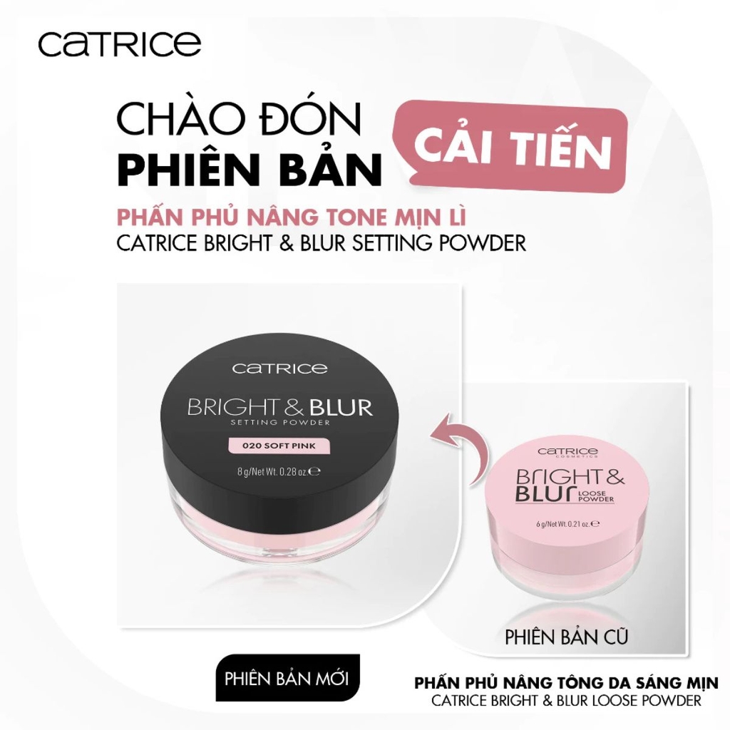 Phấn Phủ Catrice Mỏng Nhẹ Nâng Tone Căng Bóng Da Bright & Blur Setting Powder 8g - TẶNG 1 BÔNG PHẤN CATRICE