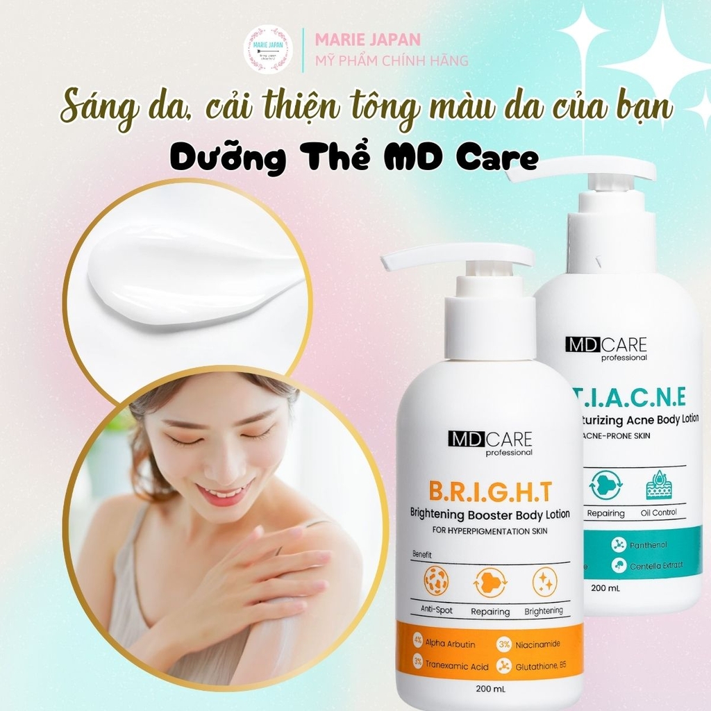 Dưỡng Thể MD CARE Brightening Acne Body Lotion Dưỡng Sáng Da Mờ Thâm Giảm Mụn Cơ Thể Chai 200ml
