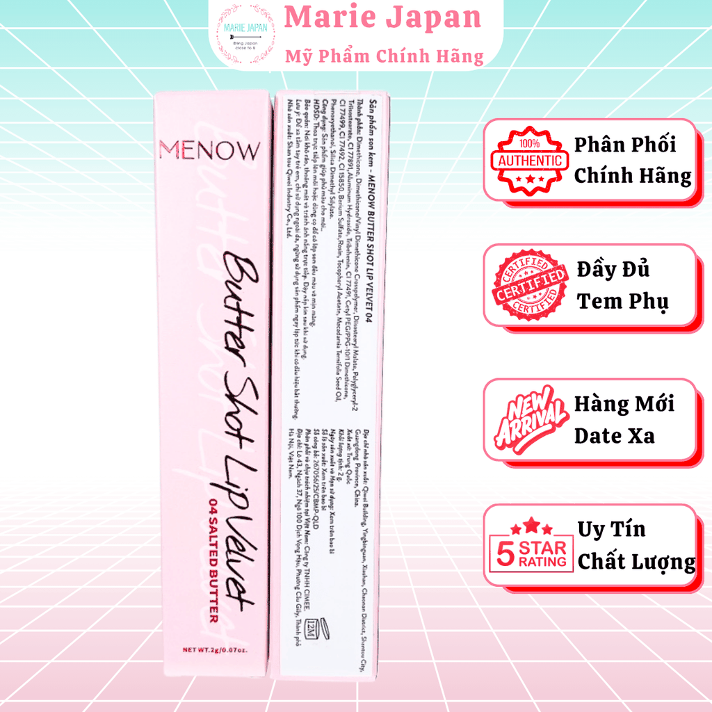 Son Kem Bùn Menow Mềm Mịn Không Khô Môi Butter Shot Liquid Velvet 2g