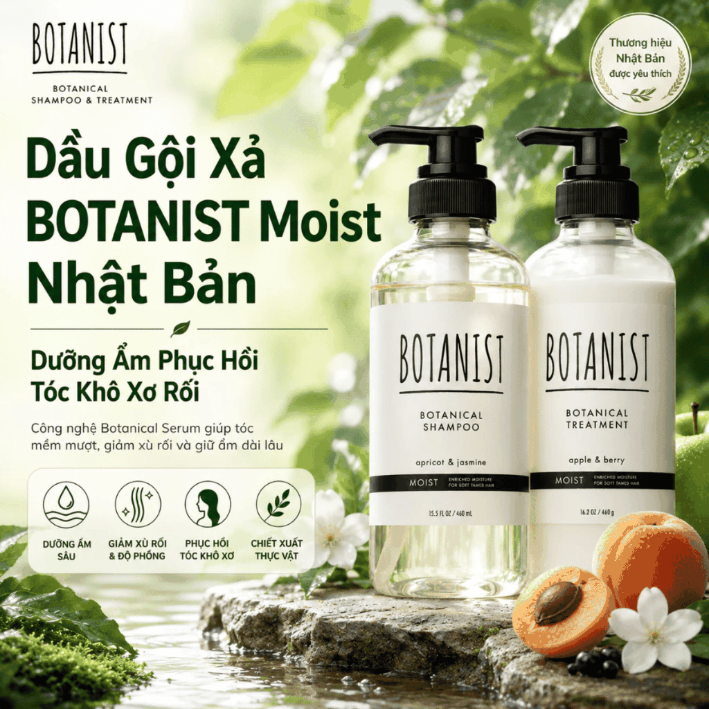 Combo 2 Món Dầu Gội Xả BOTANIST Moist Nắp Đen Dưỡng Ẩm Phục Hồi Tóc Khô Xơ Rối Chai Nhật Bản 460ml
