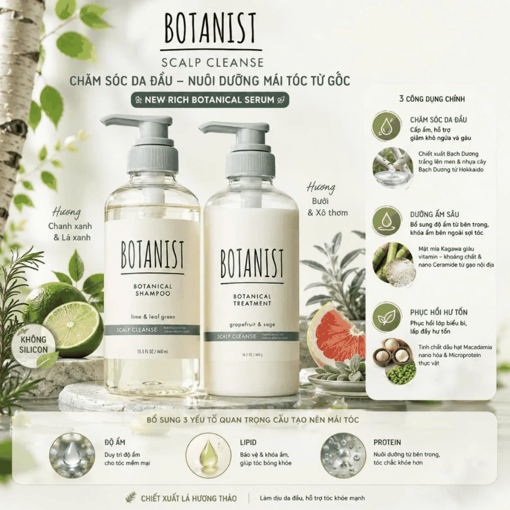 Dầu Gội Xả BOTANIST Moist Nắp Xám Dưỡng Ẩm Tự Nhiên Cho Tóc Khô Xơ Làm Sạch Dịu Nhẹ  Nhật Bản 460ml