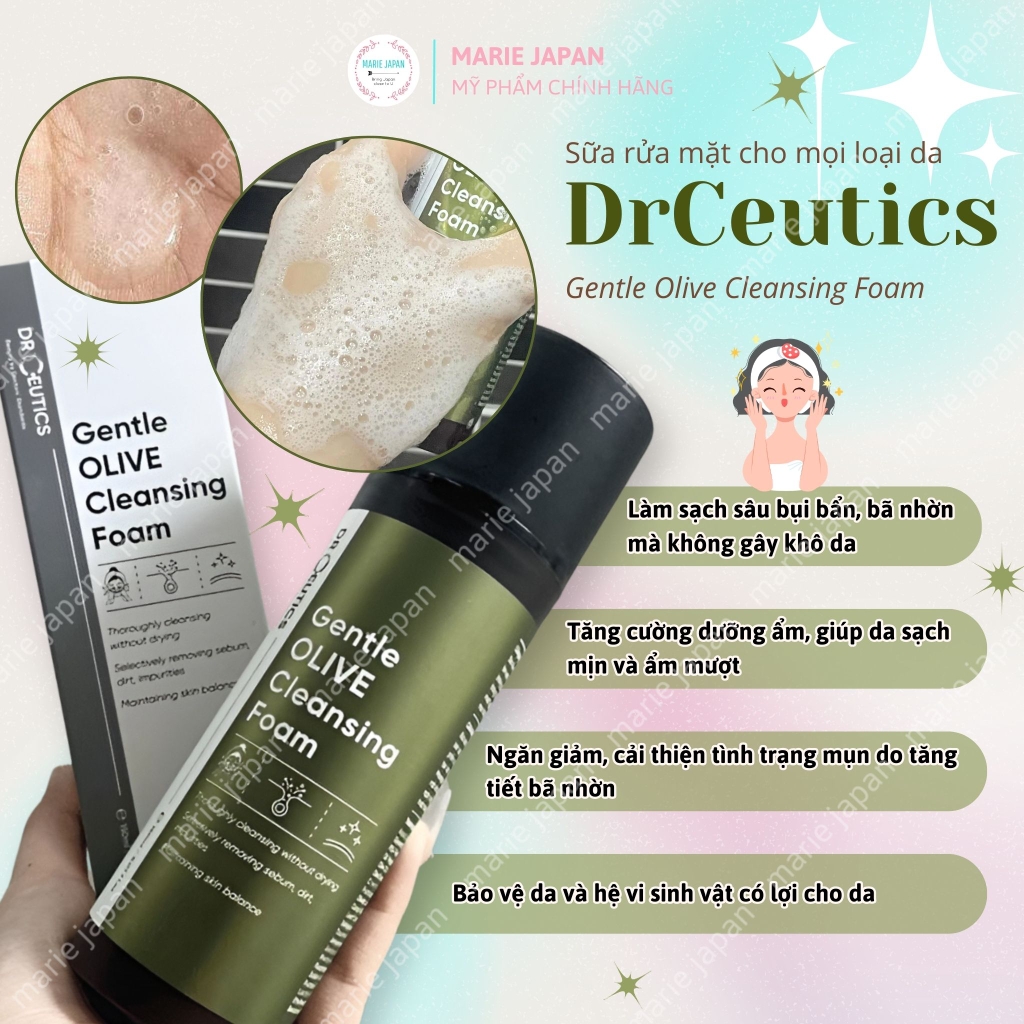 Sữa Rửa Mặt DrCeutics Gentle Olive Cleansing Foam Dịu Nhẹ Làm Sạch Sâu Thông Thoáng Lỗ Chân Lông Dành Mọi Loại Da 150ml