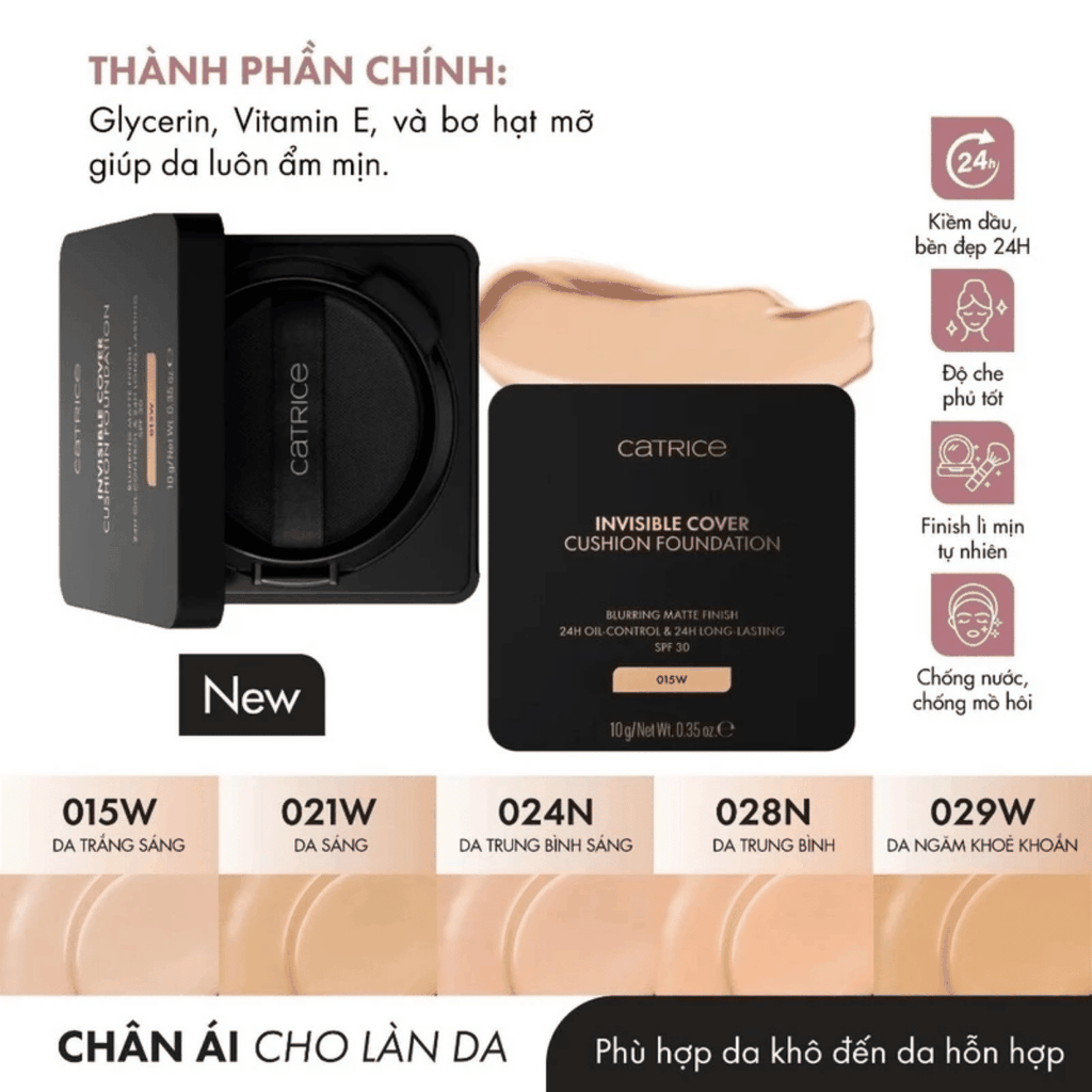 Phấn Nước Catrice Giữu Nền Bền Lì 24h, Dành Cho Mọi Loại Da Invisible Cover Cushion Foundation Hộp 10g