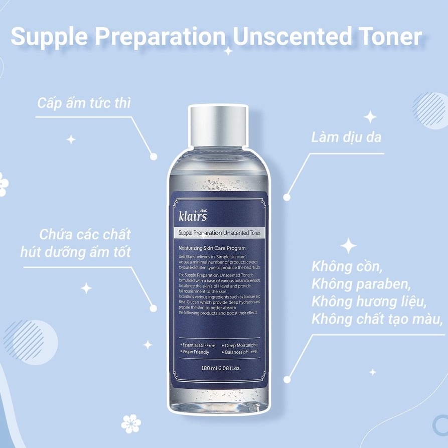 Toner Dear Klairs Supple Preparation Unscented - KHÔNG MÙI Chai 180ml