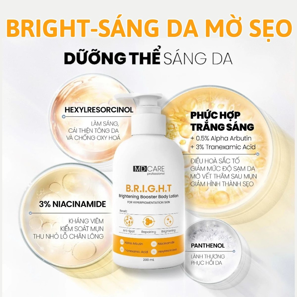 Dưỡng Thể MD CARE Brightening Acne Body Lotion Dưỡng Sáng Da Mờ Thâm Giảm Mụn Cơ Thể Chai 200ml