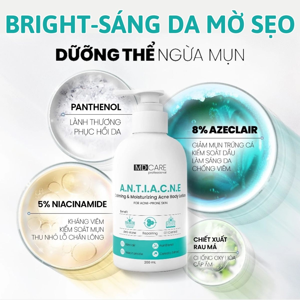 Dưỡng Thể MD CARE Brightening Acne Body Lotion Dưỡng Sáng Da Mờ Thâm Giảm Mụn Cơ Thể Chai 200ml