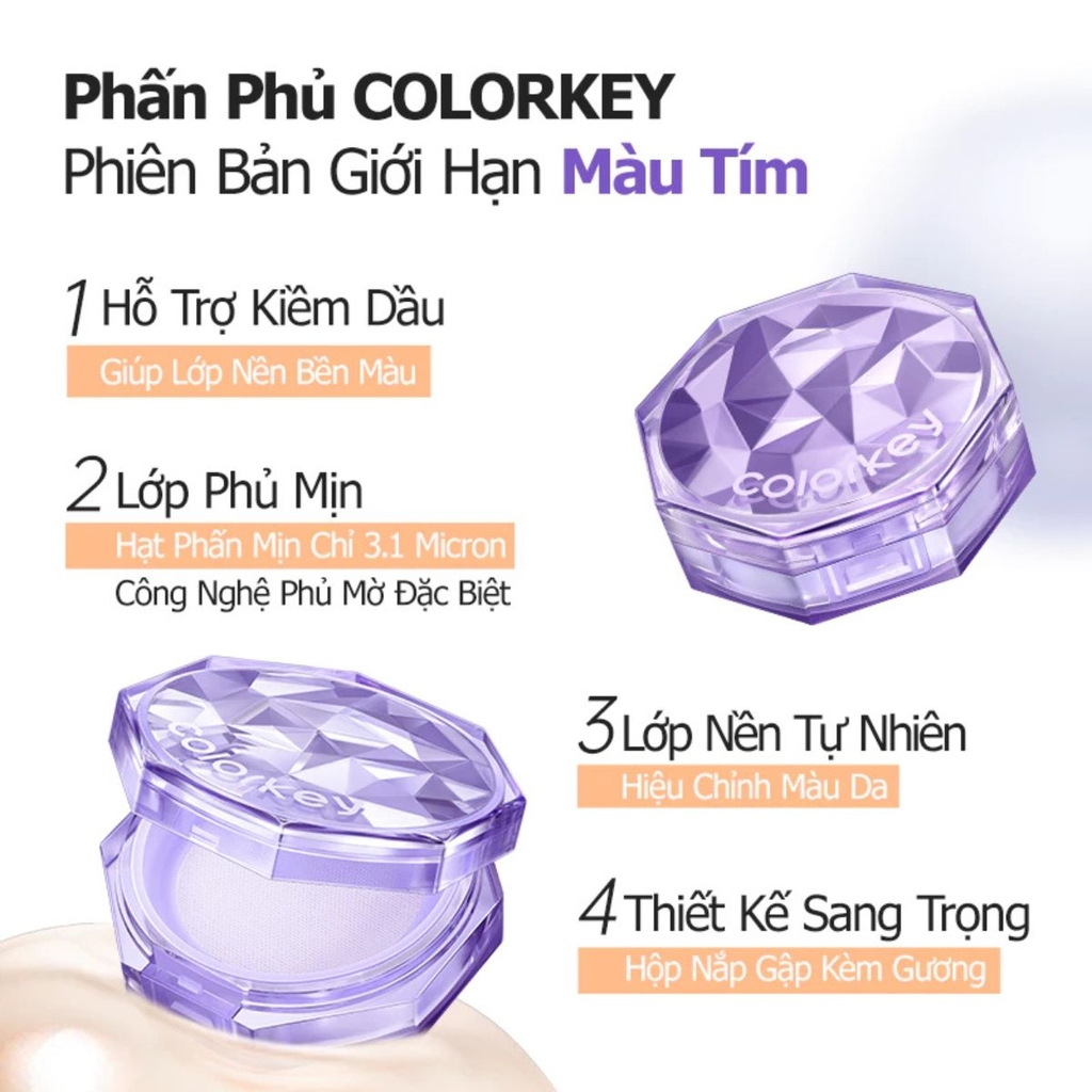 Phấn Phủ Colorkey Lasting Naturally Kiềm Dầu Siêu Mịn Giúp Lớp Trang Điểm Tự Nhiên Hộp 8g