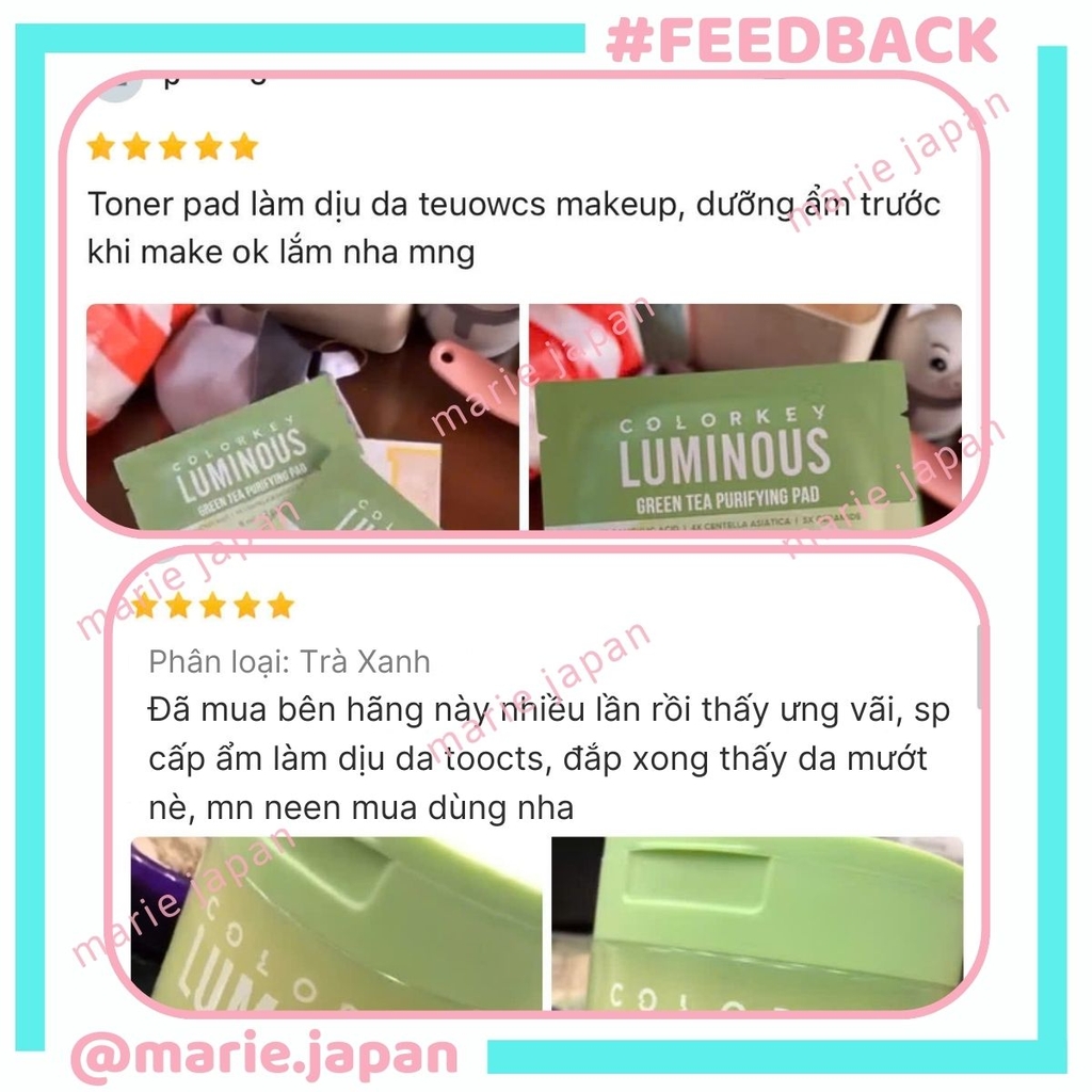 Toner Pad Colorkey Luminous Hỗ Trợ Cấp Ẩm Làm Dịu Dưỡng Sáng  Cho Da Dầu Mụn Green Tea Purifying Pad Hộp 60 Miếng-TẶNG 1 SAMPLE TONER PAD