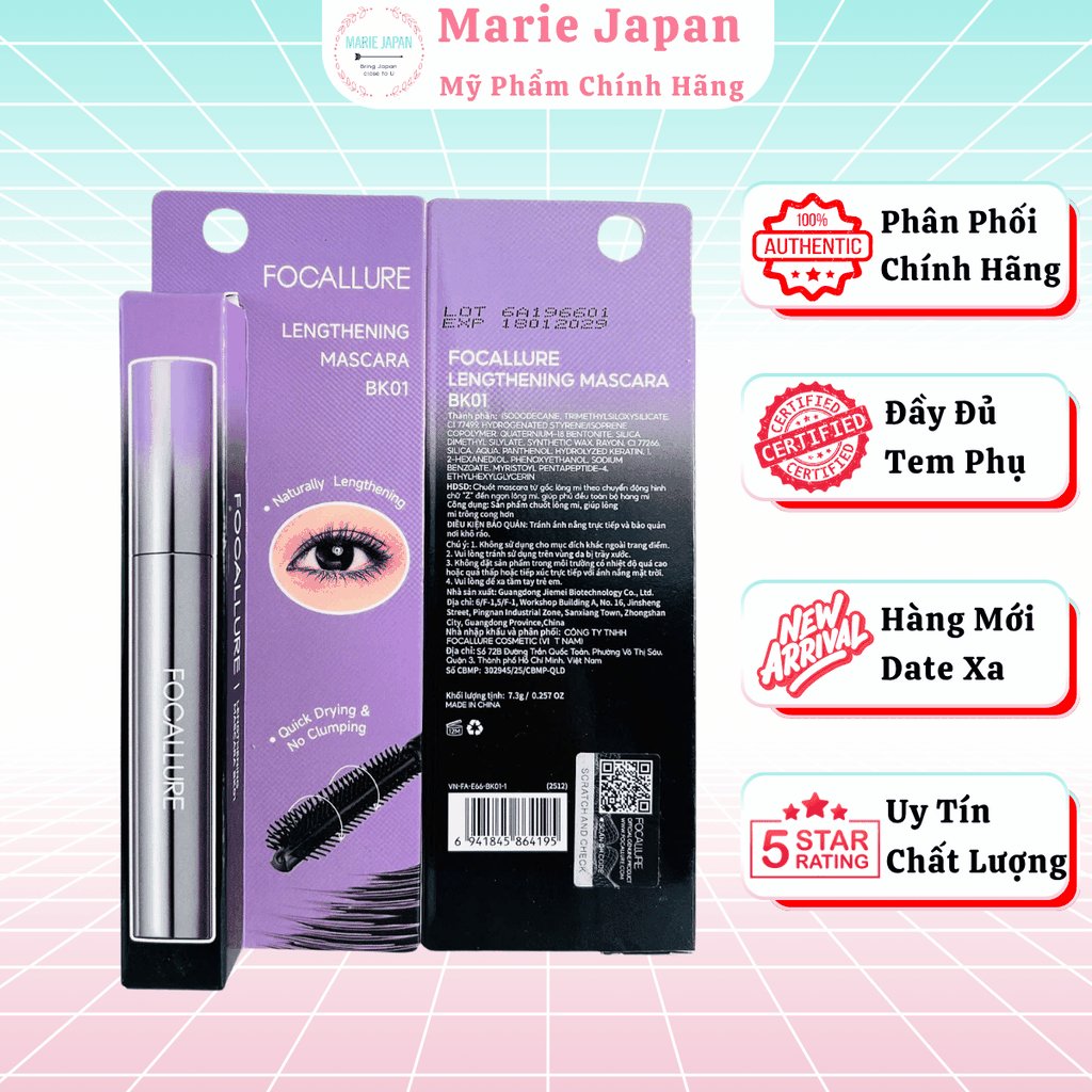 Mascara Focallure Cao Cấp Siêu Dài Cong Mi, Bền Lì Lengthening Lifting BK01 7,3g