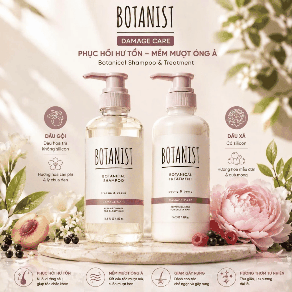 Dầu Gội Xả BOTANIST Nắp Hồng Damage Care 460ml Phục Hồi Tóc Hư Tổn, Giảm Gãy Rụng, Dưỡng Tóc Mềm Mượt