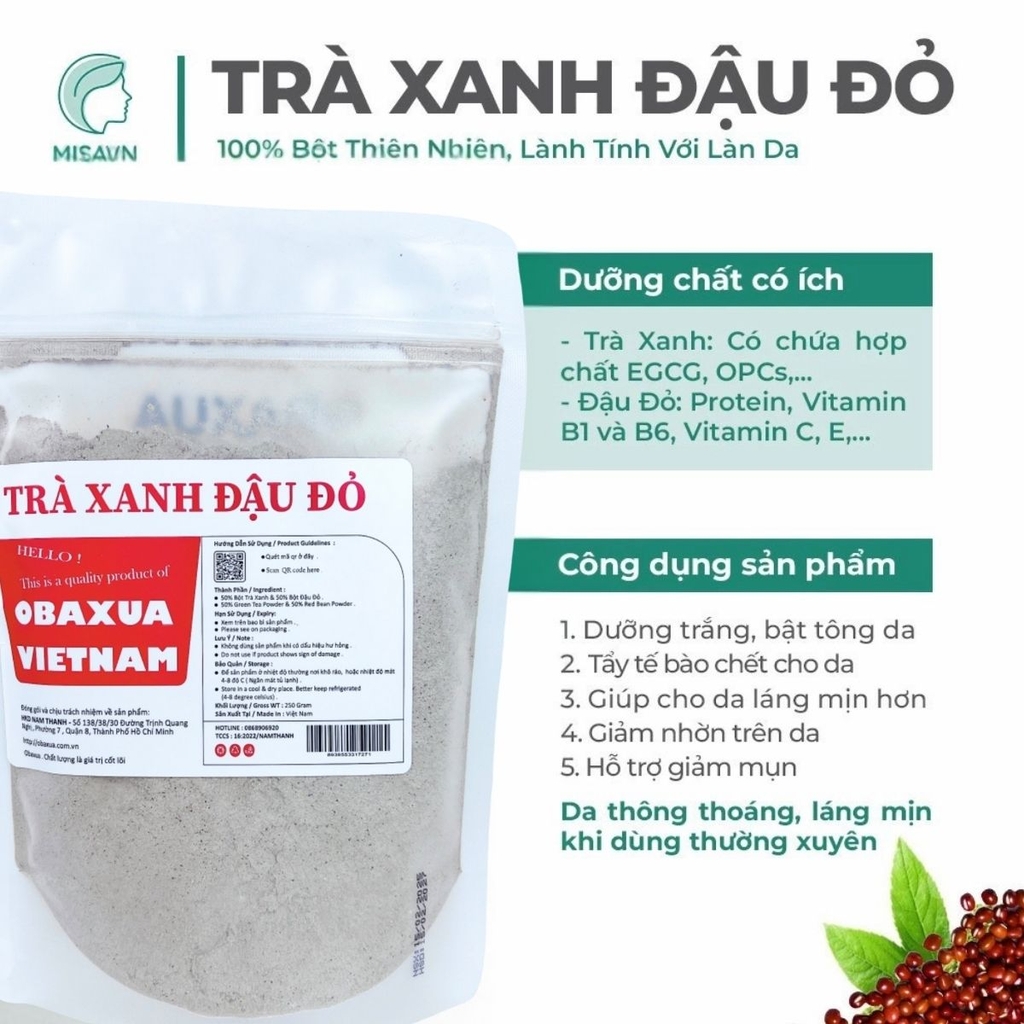 Bột Trà Xanh Đậu Đỏ OBAXUA – Dưỡng Trắng, Làm Sạch, Cấp Ẩm Cho Da:
