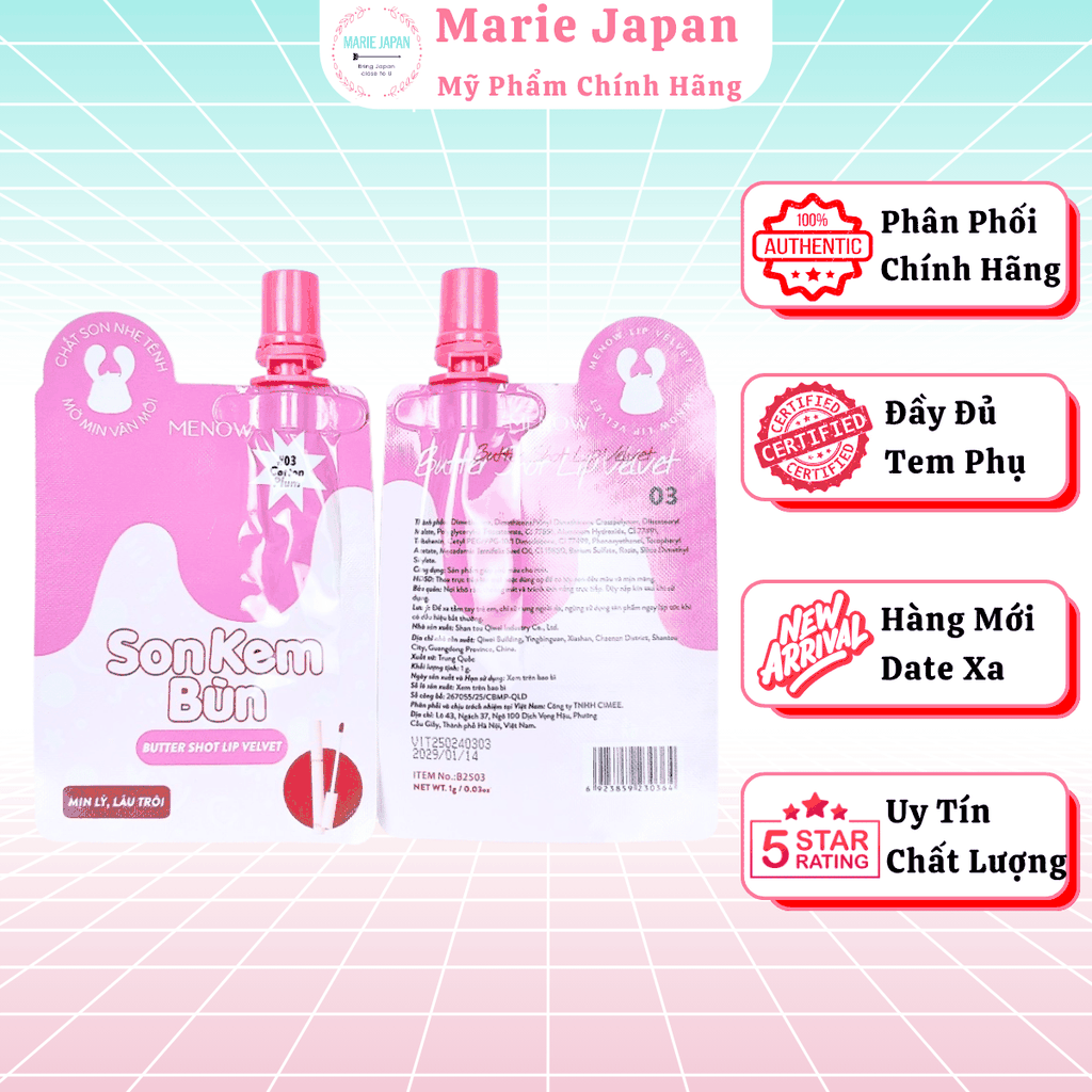 Son Kem Bùn Dạng Túi Menow Mịn Lì Butter Shot Lip Velvet 1g