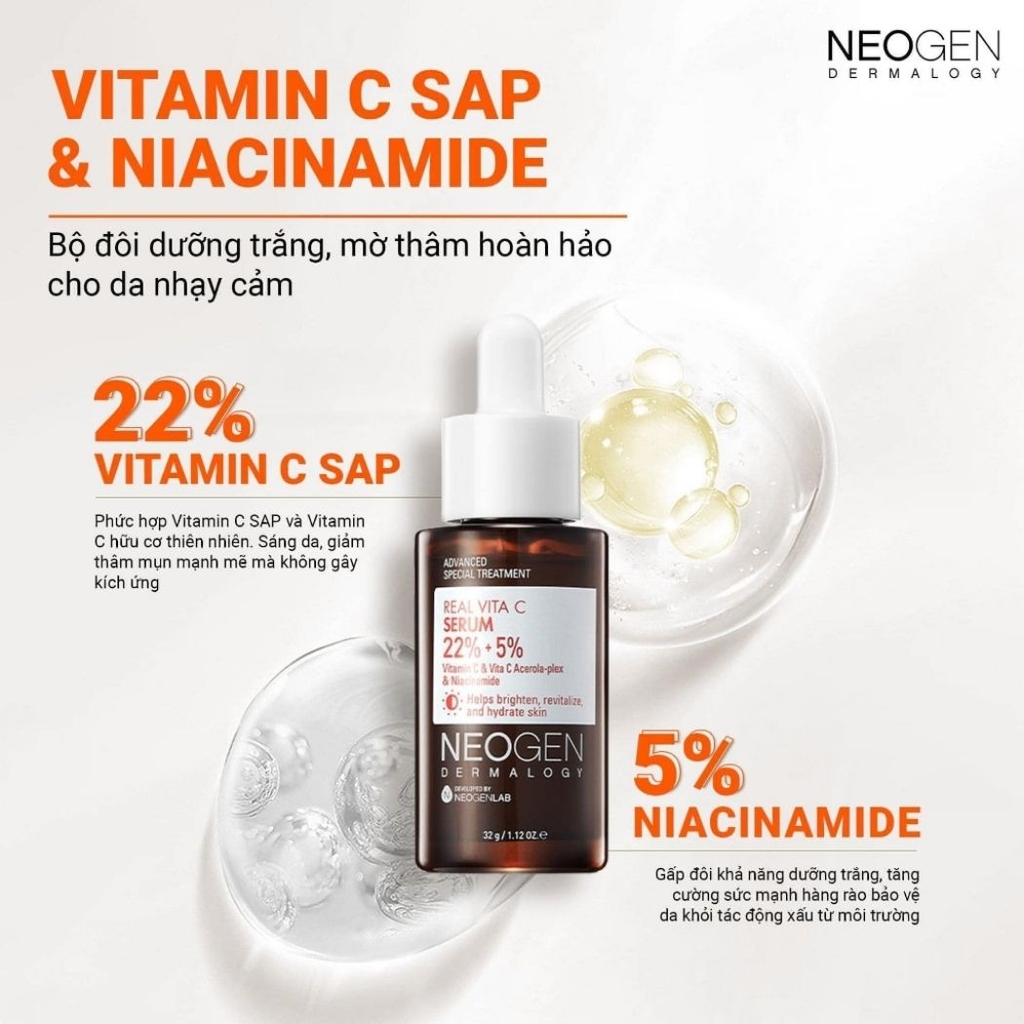 Serum Neogen Dermalogy Vitamin C 22% Sap + 5% Niacinamide Real Vita C Sáng Da Mờ Thâm Hàn Quốc 32ml