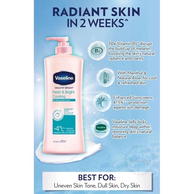 Dưỡng Thể Vaseline Fresh & Bright Cooling -4*C - Chai 350ml