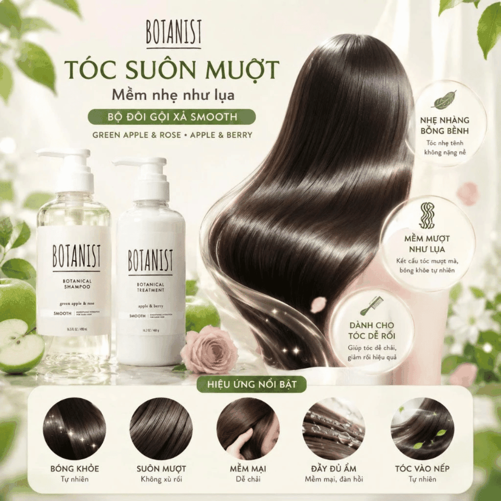 Gội Xả BOTANIST Smooth Nắp Trắng Suôn Mượt Cho Tóc Rối,  Mềm Mượt Như Lụa Chuẩn Salon Tại Nhà