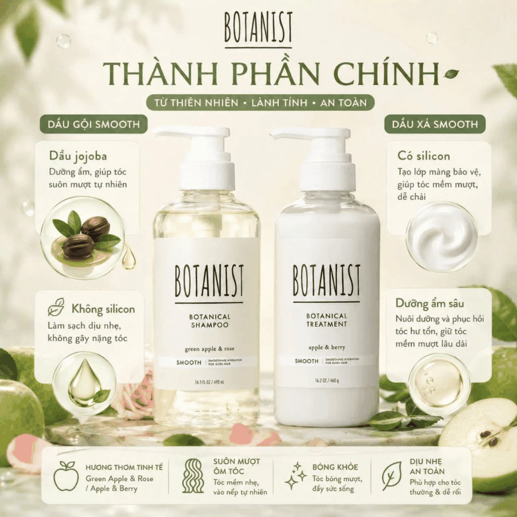 Combo 2 Món Gội Xả BOTANIST Smooth Nắp Trắng Suôn Mượt Cho Tóc Rối, Mềm Mượt Như Lụa Chuẩn Salon Tại Nhà