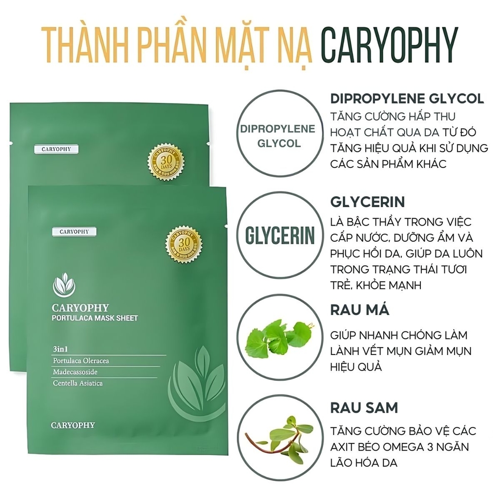 Mặt Nạ Tràm Trà Caryophy Portulaca Mask Sheet Cấp Ẩm Phục Hồi Giảm Mụn Hàn Quốc 22g