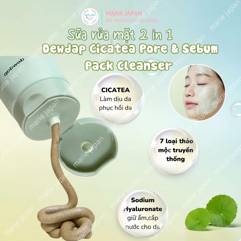 Sữa Rửa Mặt 2IN1 Dewdap Sạch Sâu Dưỡng Ẩm Mềm Mịn Cho Da Dầu Mụn Nhạy Cảm Cicatea Pore & Sebum Pack Cleanser Hàn Quốc