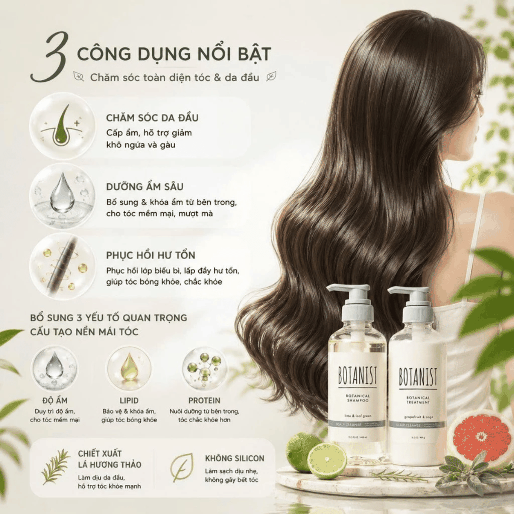 Dầu Gội Xả BOTANIST Moist Nắp Xám Dưỡng Ẩm Tự Nhiên Cho Tóc Khô Xơ Làm Sạch Dịu Nhẹ  Nhật Bản 460ml