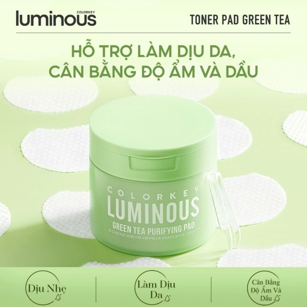 Toner Pad Colorkey Luminous Hỗ Trợ Cấp Ẩm Làm Dịu Dưỡng Sáng  Cho Da Dầu Mụn Green Tea Purifying Pad Hộp 60 Miếng-TẶNG 1 SAMPLE TONER PAD