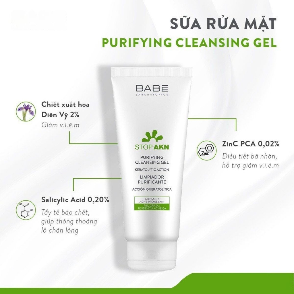 Sữa Rửa Mặt Babe Stop AKN Purifying Cleansing Gel Sạch Sâu Dịu Nhẹ Giảm Mụn Tây Ban Nha
