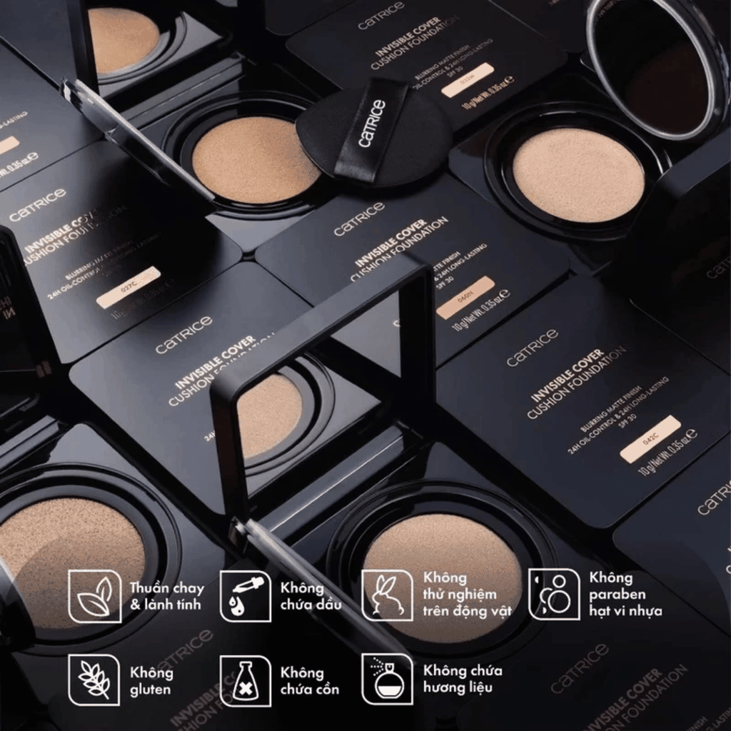 Phấn Nước Catrice Giữu Nền Bền Lì 24h, Dành Cho Mọi Loại Da Invisible Cover Cushion Foundation Hộp 10g