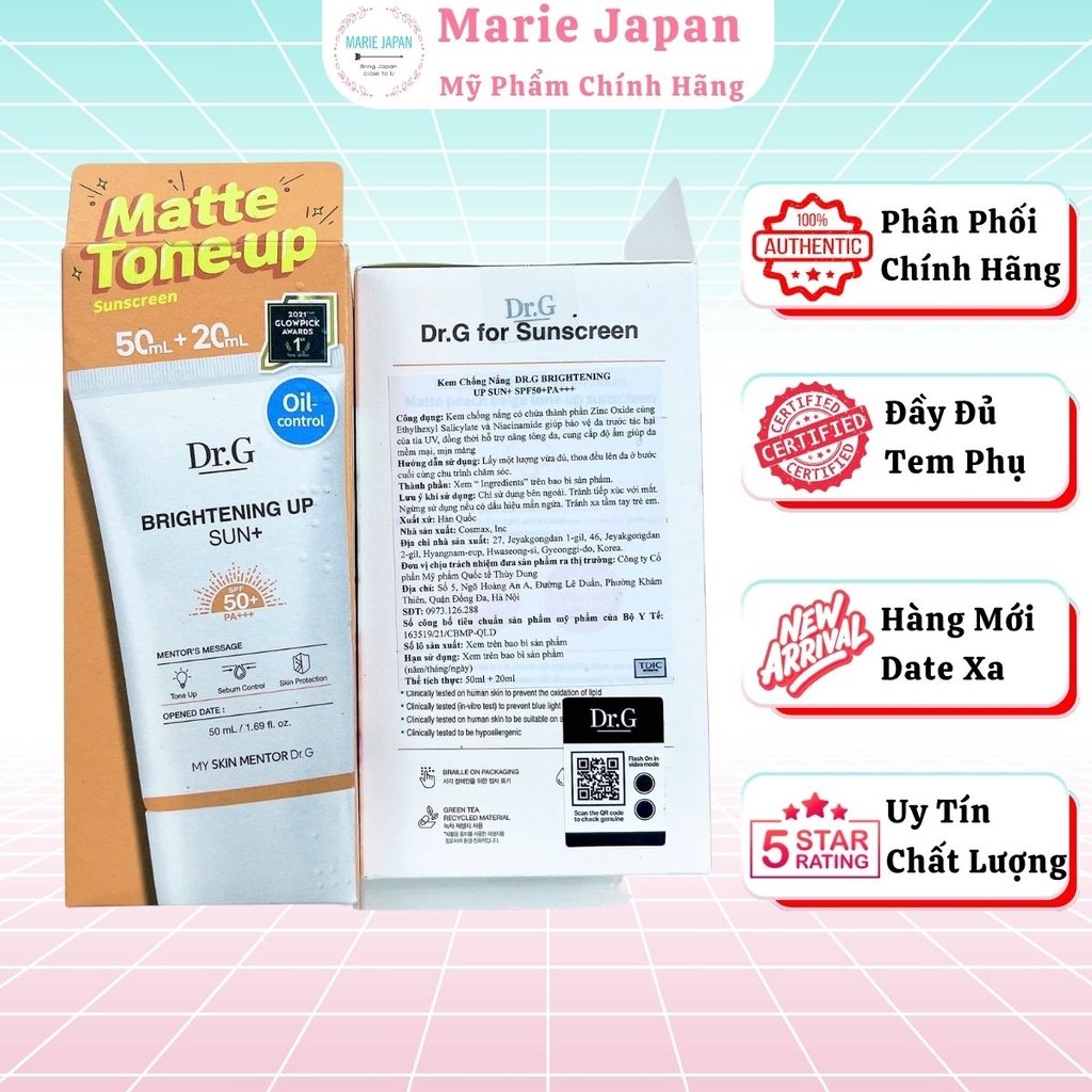 Set 2 Kem Chống Nắng Dr.G Brightening Up Sun SPF50+ Nâng Tông Kiềm Dầu Sáng Da Hàn Quốc 50ml + 20ml