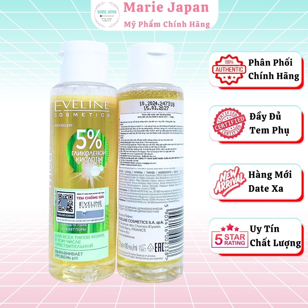 Toner Eveline 5% Glycolic Acid 3 In 1 Căng Bóng Sáng Da Mờ Thâm Sạm Ba Lan Chai 110ml