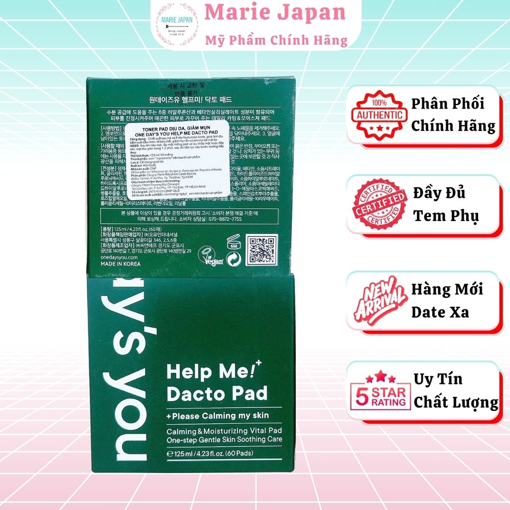Toner Pad One Days You Help Me Dacto Pad Làm Sạch Sâu Dưỡng Ẩm Giảm Mụn Mờ Thâm Hàn Quốc