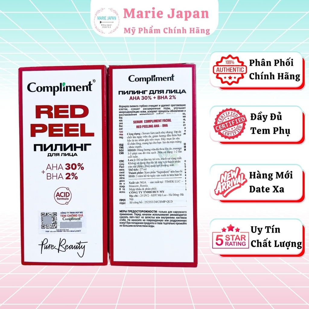 Serum Red Peel Compliment AHA 30% + BHA 2% Tái Tạo Da Dưỡng Sáng Giảm Mụn Hiệu Quả Chai 27ml