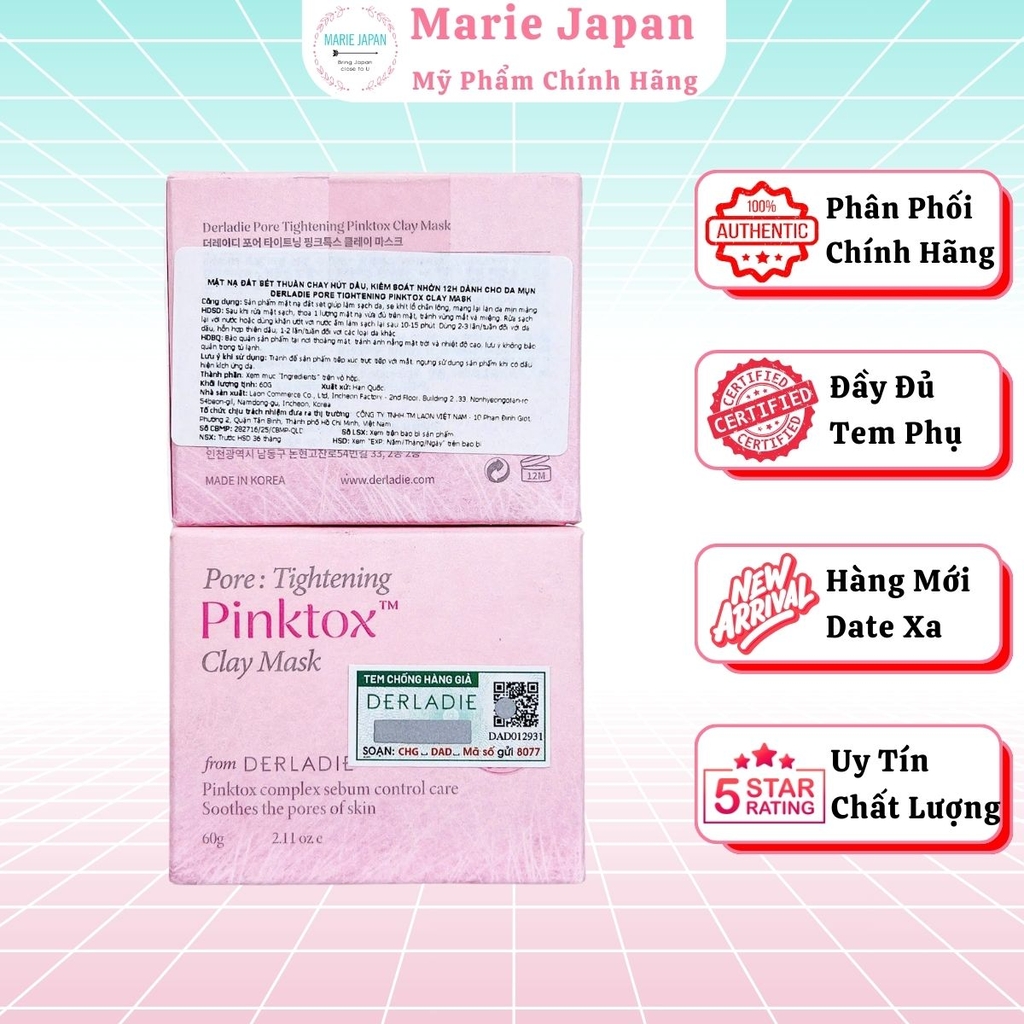 Mặt Nạ Đất Sét Pink Tox Derladie Pore Tightening Clay Mask Sạch Sâu Kiểm Soát Dầu Nhờn Se Khít Lỗ Chân Lông Hàn Quốc