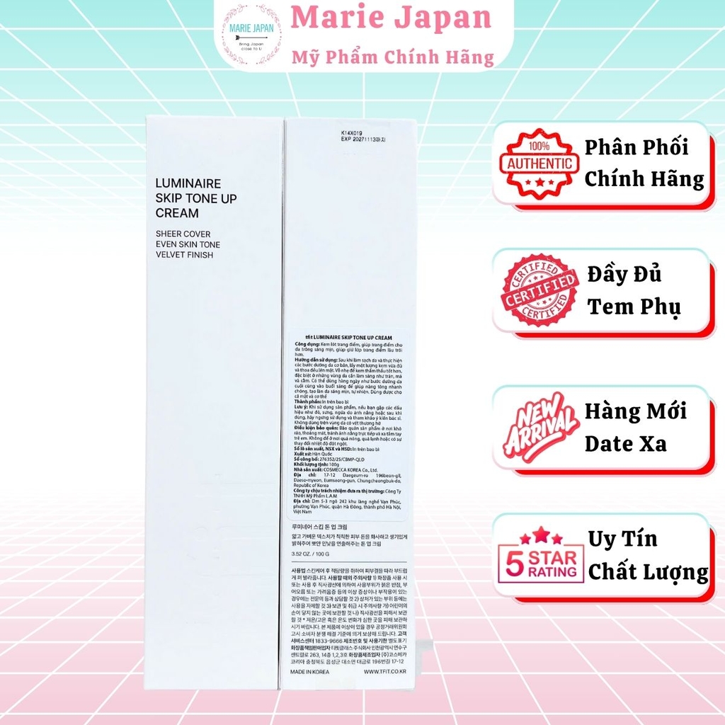 Kem Lười TFIT Luminaire Skip Tone Up Cream Dưỡng Sáng Nâng Tone Tự Nhiên Hàn Quốc Tuýp 100g - MUA 1 TẶNG 3