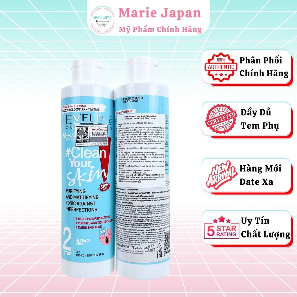 Nước Hoa Hồng Eveline Clean Your Skin Sạch Sâu Cân Bằng Da Ngăn Ngừa Mụn Hiệu Quả Ba Lan Chai 225ml