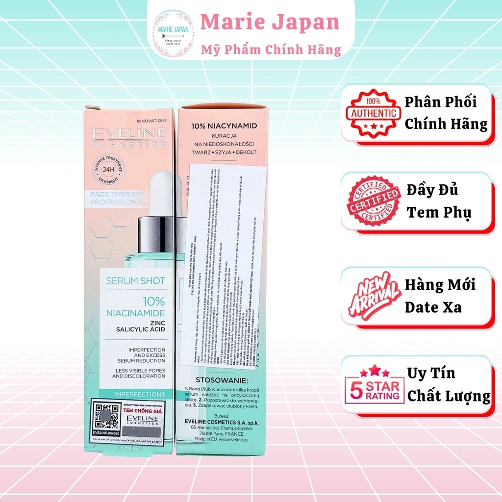 Serum Eveline Face Therapy 10% Niacinamide Dưỡng Sáng Mờ Thâm Cải Thiện Kết Cấu Da Hiệu Quả Chai 30ml