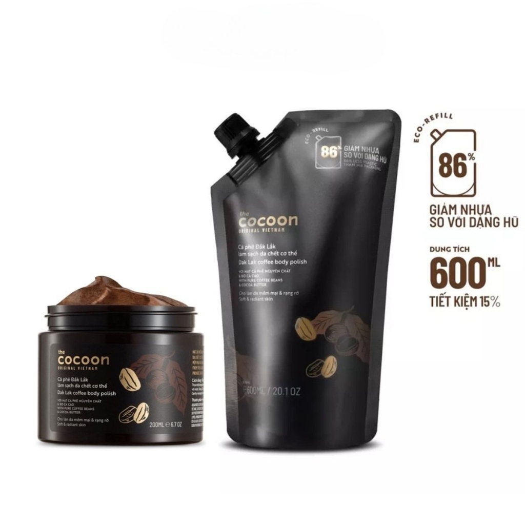 Combo Cocoon Tẩy Tế Bào Chết Body Cà Phê 200ml - Túi Refill 600ml