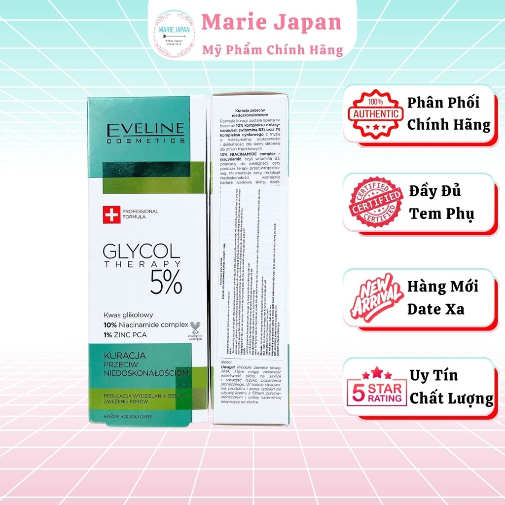 Serum Eveline 5% Glycol Therapy Sáng Da Mờ Thâm Mụn Hỗ Trợ Cải Thiện Nếp Nhăn Chai 18ml