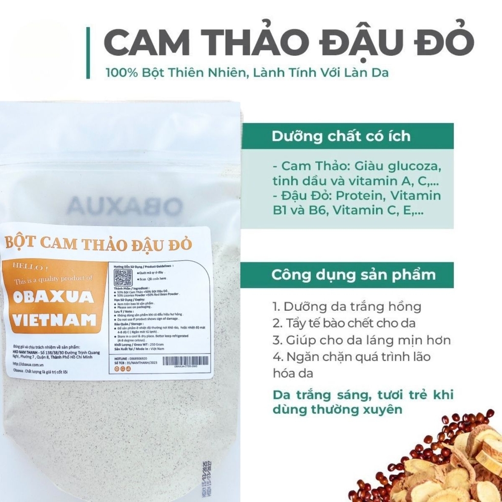 Bột Cam Thảo Đậu Đỏ Obaxua Dưỡng Trắng Làm Sạch Sâu Mờ Thâm Hiệu Quả Da Sáng Mịn Tự Nhiên