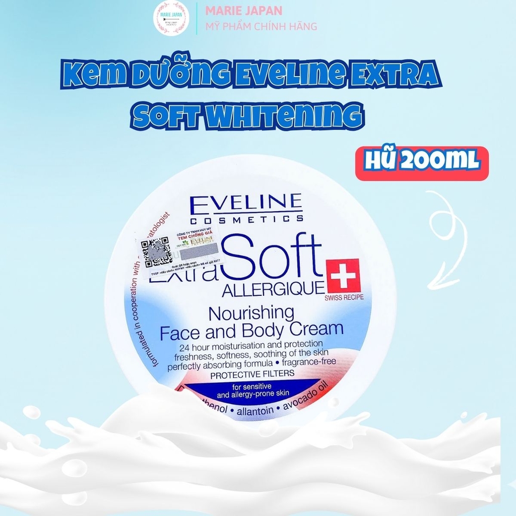 Kem Dưỡng Eveline Dưỡng Ẩm Phục Hồi Sáng Da Cho Mặt Và Body  Extra Soft Whitening Ba Lan Hũ 200ml